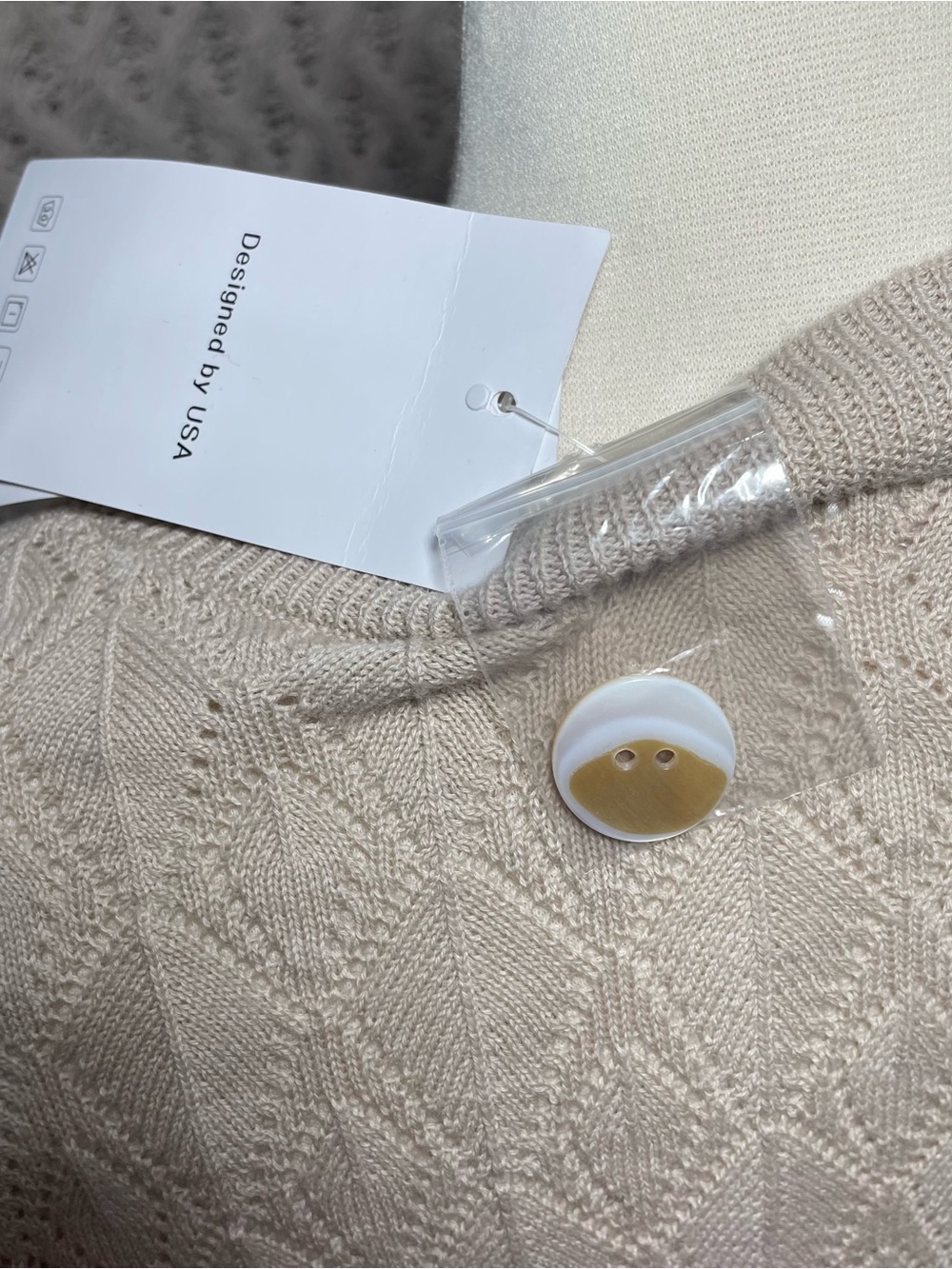 Light Beige Woman Openwork V-Neck Button Cardigan size L 100% Cotton - Picture 6 of 10